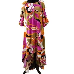 MSK Vivid Floral Maxi Dress LARGE Ruffle Sleeve Off Shoulder Boho Resort Hi Low